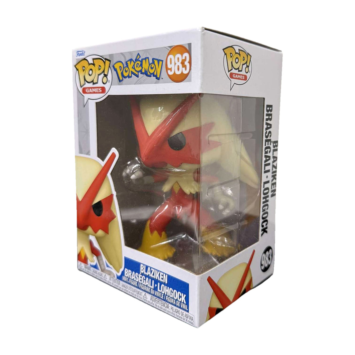 Funko Pop! Blaziken #983 i eske, fra høyre