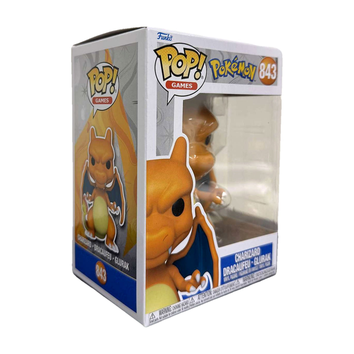 Funko Pop! Charizard #843 i eske, fra venstre