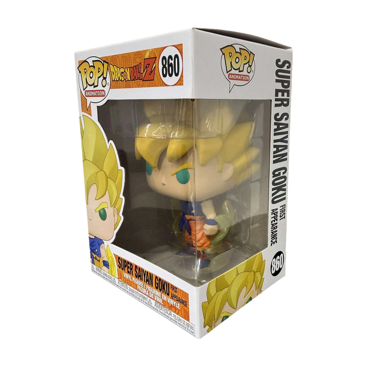 Funko Pop! Super Saiyan Goku #860 i eske, fra høyre