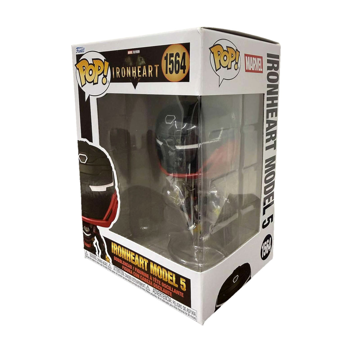 Funko Pop! Ironheart Model 5 #1564 i eske, fra høyre