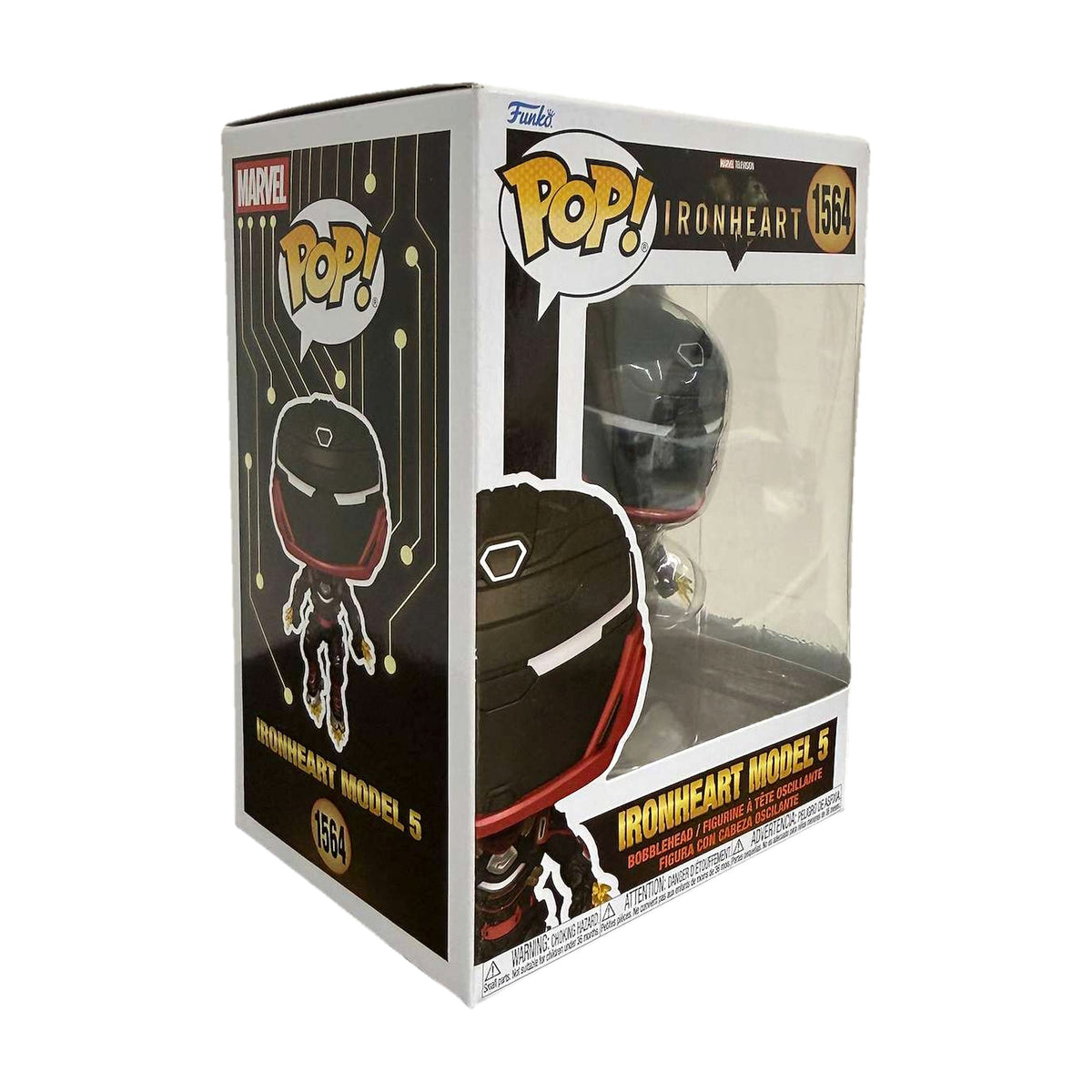 Funko Pop! Ironheart Model 5 #1564 i eske, fra venstre