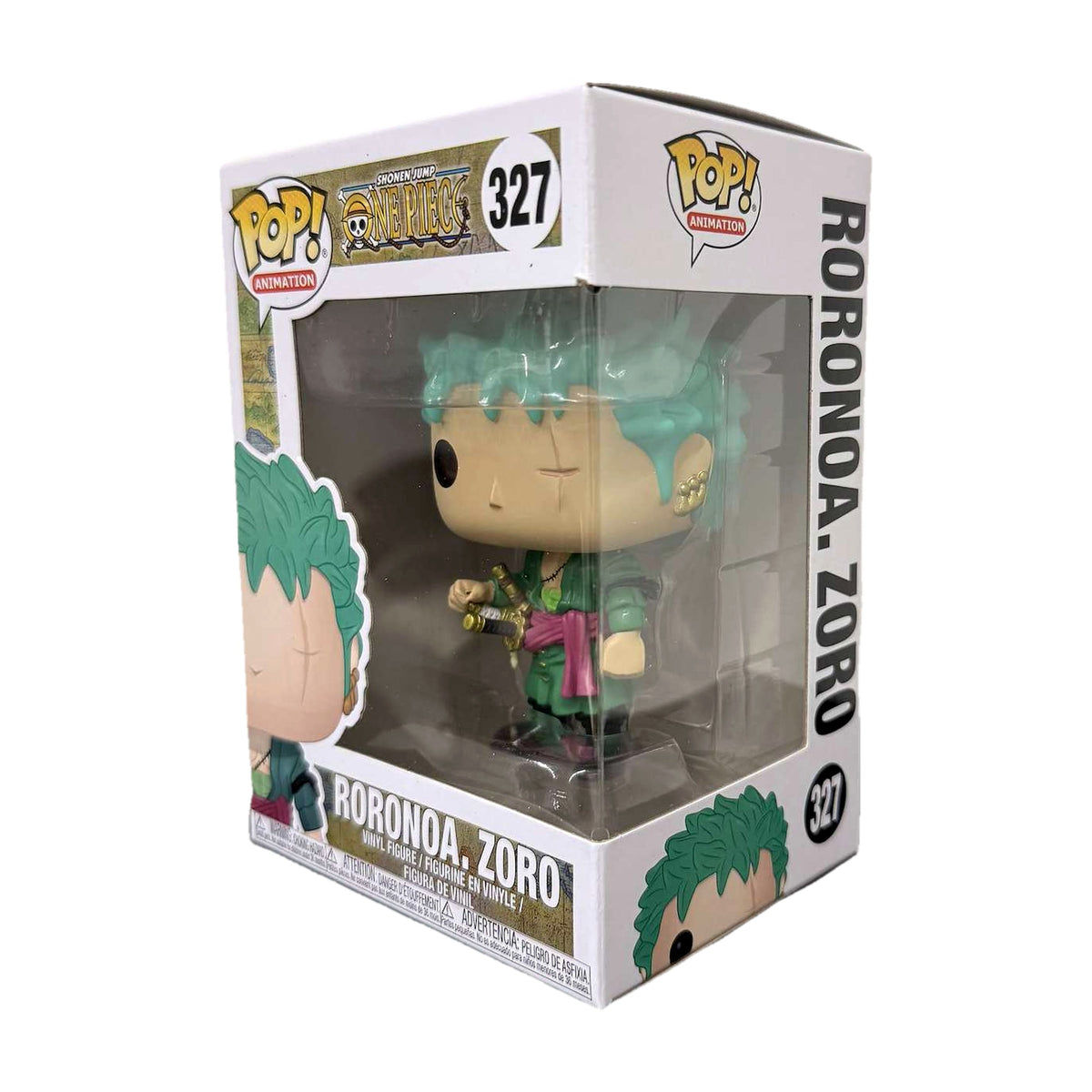 Funko Pop! Roronoa Zoro #327 i eske, fra høyre