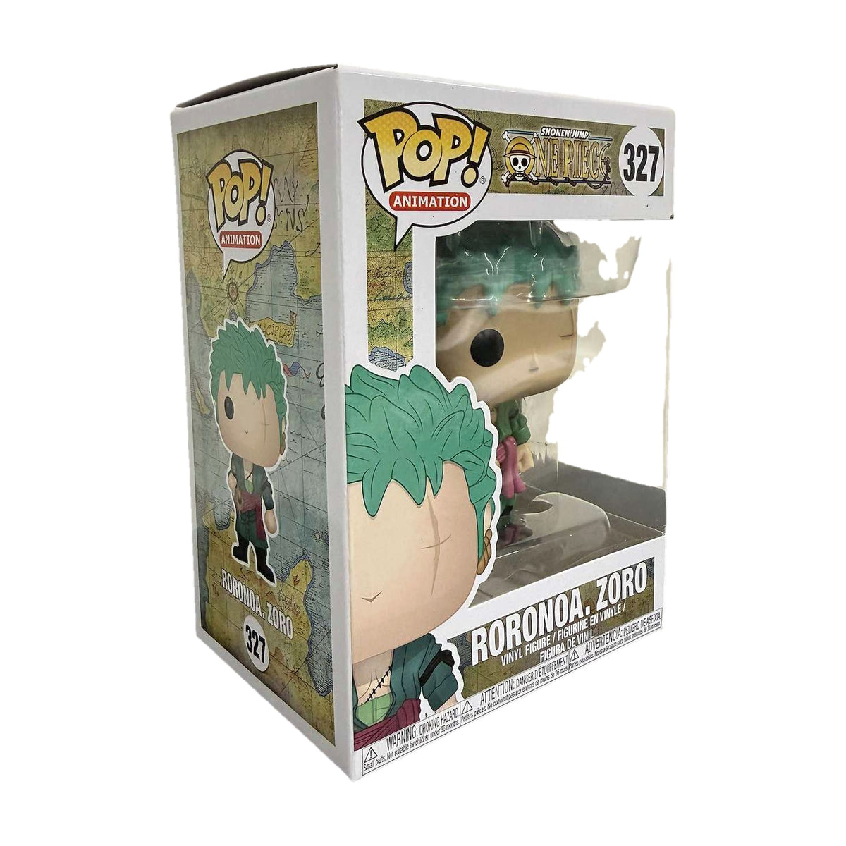 Funko Pop! Roronoa Zoro #327 i eske, fra venstre